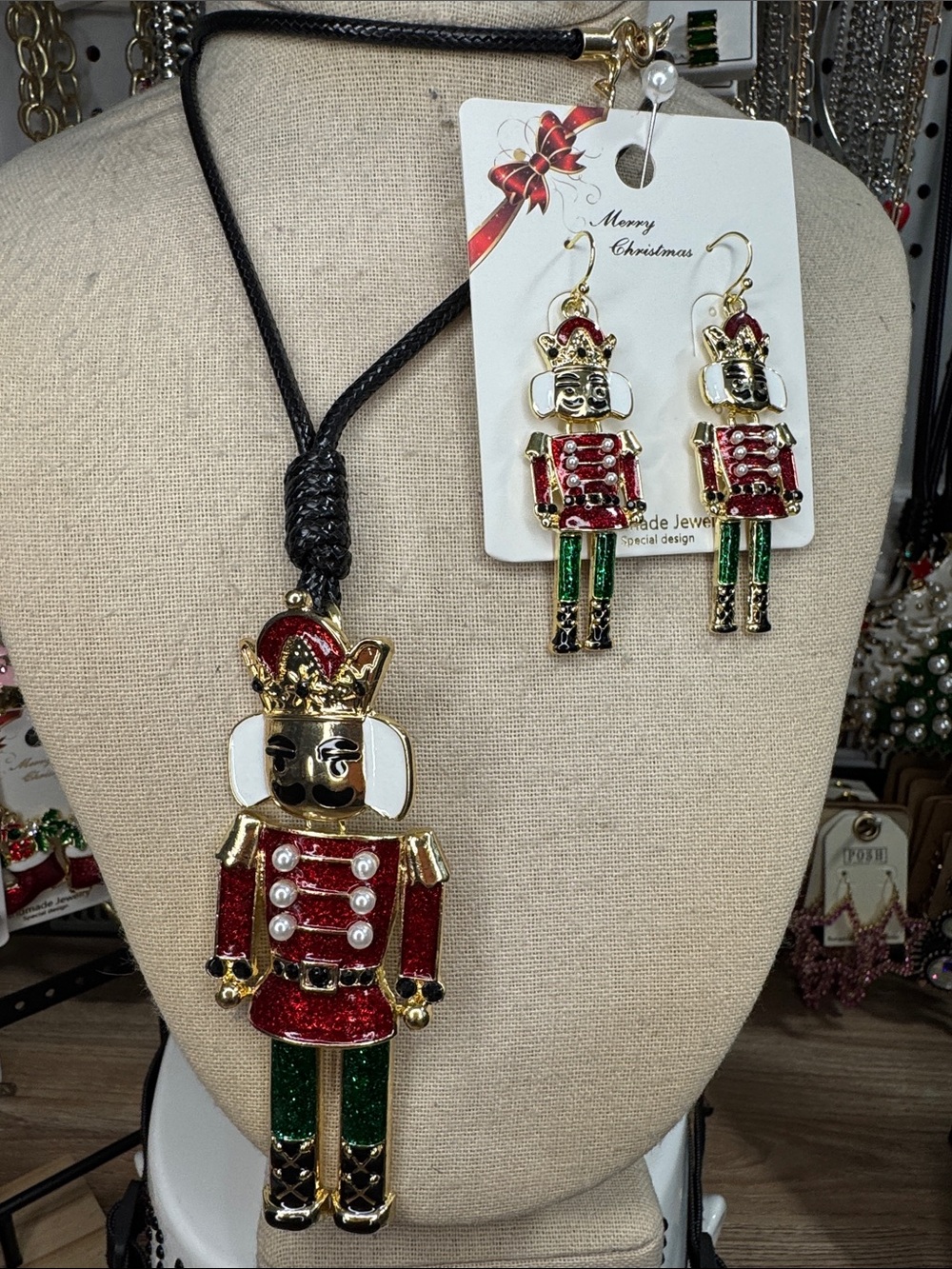 Nutcracker Statement Necklace and Earring Set - Red & Green Holiday Jewelry